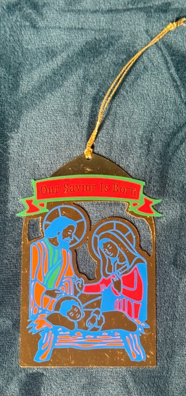 Vintage Christmas Ornament Brass Nativity Scene Mary Joseph Baby Jesus Doherty